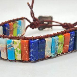 Natural Stone and Vegan Leather Adjustable Bracket - Multicolor